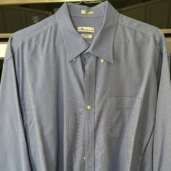 Peter Millar Nanoluxe Easy Care Long Sleeve Dress Shirt - Blue Patterned-XXL - Picture 1 of 12